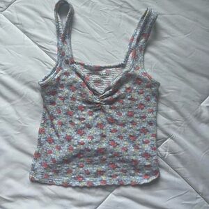 American Eagle Outfitters White and Pink Ruched Sleeveless Tank Top